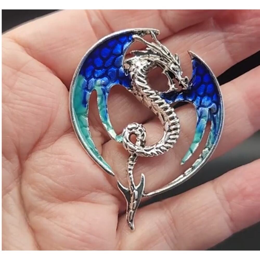 Dragon Brooch Circle Wing Shape Blue Enamel on Silver Tone Metal